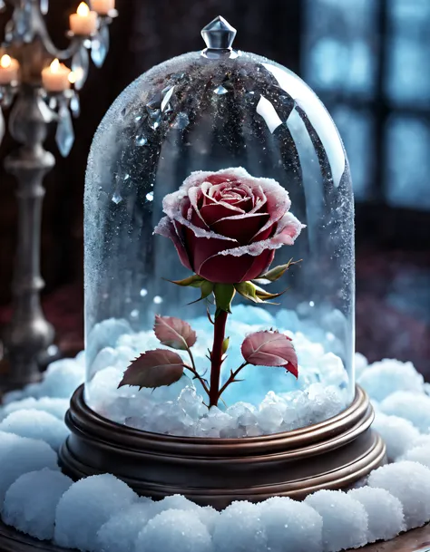 Cute Cartoon,CuteCartoonAF, frozen (((burgundy delicate rose under a glass dome))) (((rose covered in crystals of ice))), ((((breathtaking romantic background)))), Bloodborne vibes, 4k, masterpiece, ultra high quality,