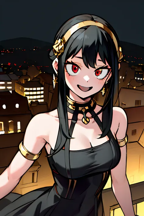 horikoshi kouhei, 1girl, yor, bare shoulders, boku no hero academia, cleavage, highres, medium breasts, ((black hair)), solo, red eyes, golden head band, black dress, golden earings, golden rise hair ornament, city at night, smile