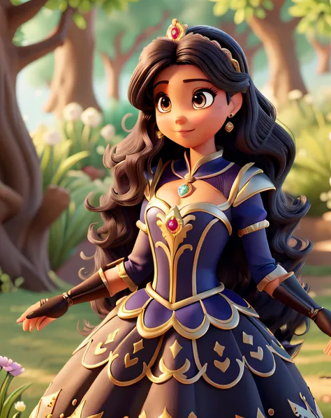 princesa disney pixar, morena, cabelos longo preto com mechas loiras, olhos escuros, covinhas na bochecha, vestido de princesa longo, alta qualidade, melhor qualidade