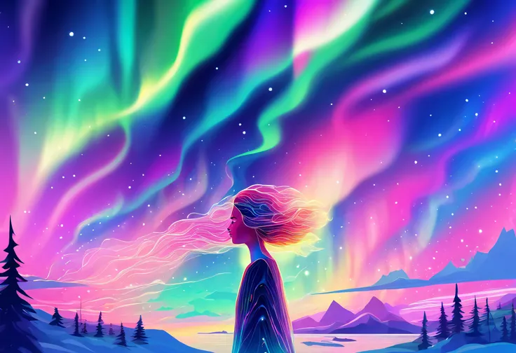 tmasterpiece, 4K, Hyper-Resolution, Optimal image resolution,aurora borealis，This stunning illustration depicts an abstract portrait of a young girl in the Northern Lights, A chaotic storm of aurora erupted in his mind，ModelShoot style，（multiple exposure：1...