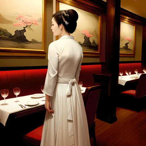 Painting of the back view of a Japan woman in a dress dining in a high-end French restaurant