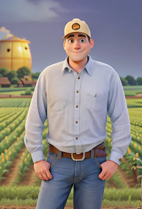 A country man in pixar style standing in front with arms crossed and smiling, illuminated by the light of a lamp, against the backdrop of a soybean or corn plantation.