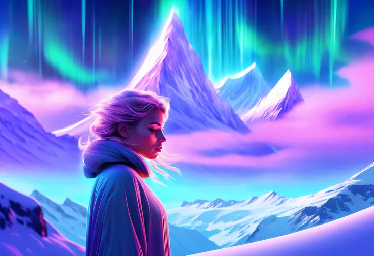 ModelShoot style, (Extremely detailed Cg Unity 8K wallpaper),extreme light，1girll，Stand under the iceberg，Admire the beautiful Northern Lights，cyber punk perssonage [Snow-capped mountain landscape with fog，snow mountains] ，Immerse yourself in the beautiful...