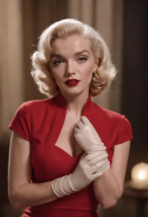 Marilyn Monroe, masterpiece, solo, cleveage, beautiful sexy short red dress, gloves