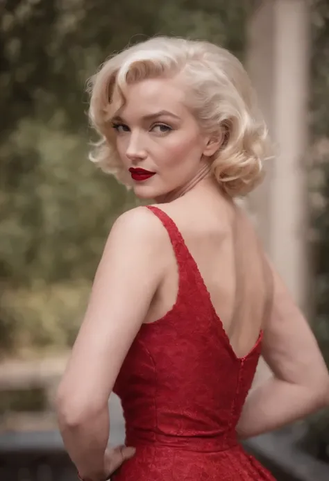 Marilyn Monroe, masterpiece, solo, cleveage, beautiful sexy short red dress, gloves