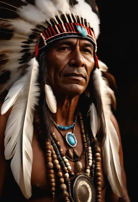 Hyperrealistic cinematic image of a native Indian with feathers on his head, Arte nativa americana, Indian warrior, Nativo americano, Guerreiro nativo americano, Arte nativa, Um guerreiro nativo americano, indigenous man, eagle feather, Guerreiro habilidos...