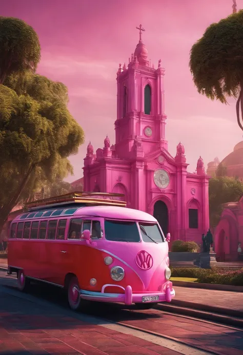 criar uma imagem pixar da empresa Danny Tur com os passageiros na lateral do onibus rosa pink com fundo da imagem da basilica de aparecida