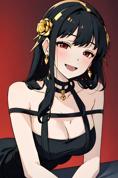 Doggy style, 1girl, yor, bare shoulders, cleavage, highres, medium breasts, ((black hair)), solo, red eyes, golden head band, black dress, golden earings, golden rise hair ornament, at night, smile