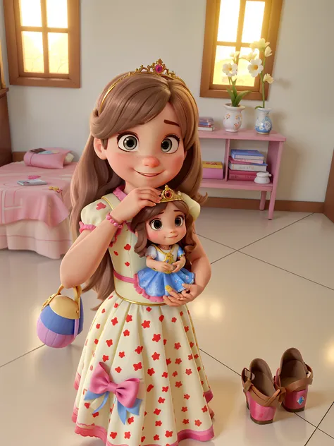 Uma menina vestida de princesa, segurando uma boneca pequena, estilo pixar Disney, alta qualidade