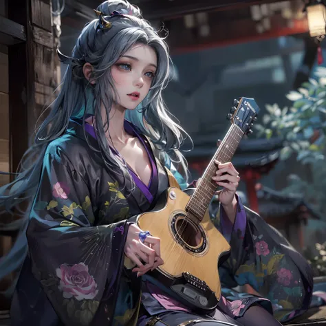 Cinematic lighting,super detailed skin、Beautiful detailed eyes、Best Quality,Perfect Anatomy,(Alternative、dim colors, Soothing tones:1.3),(Detailed beautiful facial features:1.3)Girl in a fancy purple kimono、 （Girl Playing Guitar、Highly detailed hands:1.6）I...