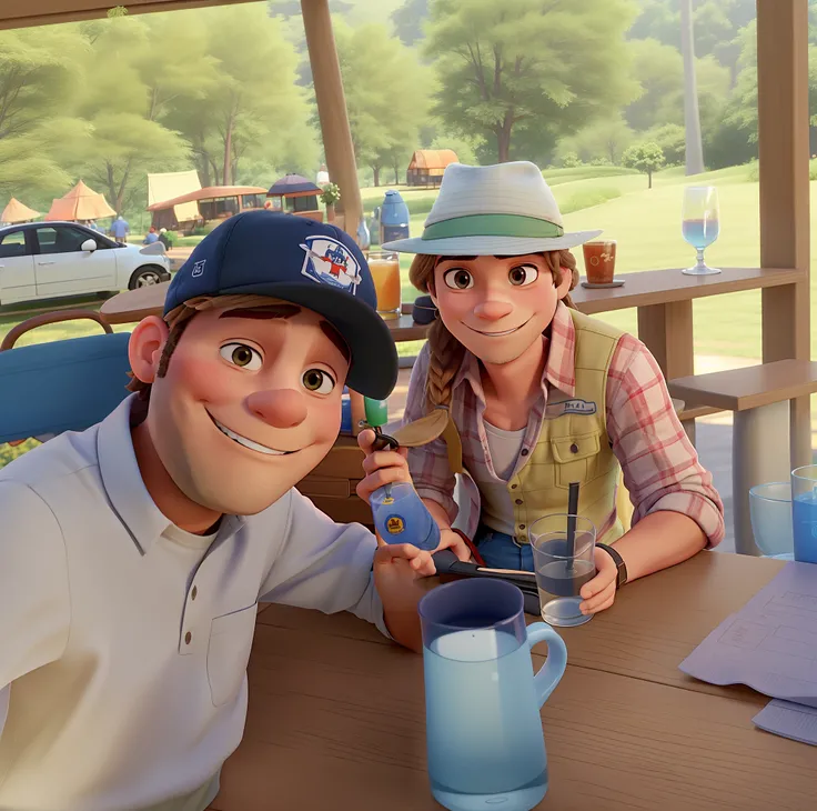 A man in a cap holding a mug and a woman in a hat holding a glass, sentados frente a frente em uma mesa de acampamento estilo disney pixar, alta qualidade, melhor qualidade