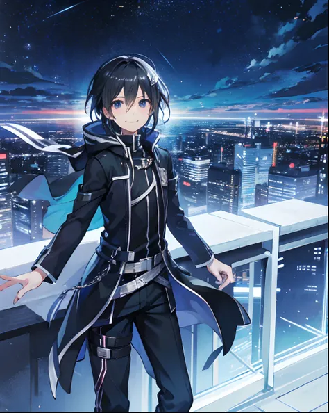 kirito, smile, HD, high res, looking at viewer, high quality, city, jump, 5 fingers, perfect fingers