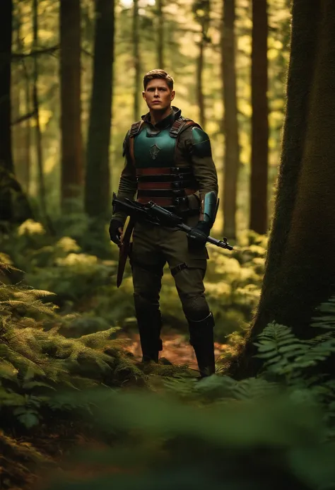 Do the character Soldier Boy of actor Jensen Ackles from Serei The Boys from Prime Video full body without a mask, sem capacete, With hero uniform holding shield in a forest