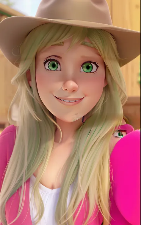 A green-eyed Disney Pixar style blonde woman wearing a brown hat, alta qualidade, melhor qualidade