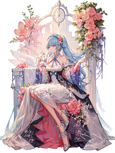 A dress with flowers and ribbons was exhibited, dreamy dress, 🌺 CGSesociety, extravagant dress, magical dress, Bright blue prom dress, kaftan, fantasyoutfit, Dressed in blue, Robe. extremly high detail, Wearing an aquamarine dress, Romantic dress, Guweiz i...