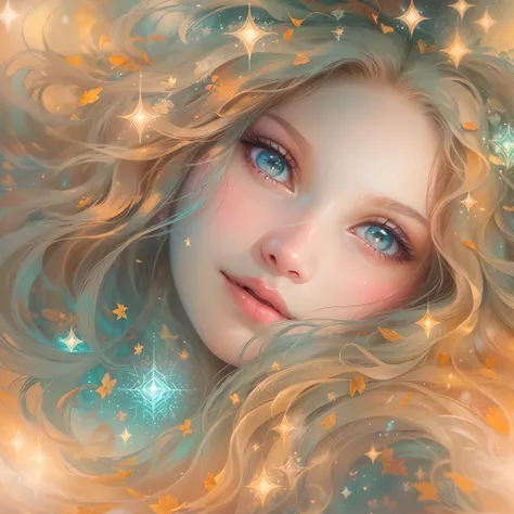 beautiful detailed eyes,long flowing hair,enchanted garden,sparkling stars,soft pastel colors,ethereal atmosphere,golden sunset,realistic oil painting,seamless blend of colors,subtle brushstrokes,luminous glow,peaceful expression,mysterious aura,impression...