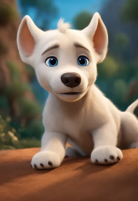 Create a Pixar movie cover image of a medium-sized, white dog with very small beige dots all over its body, with blue eyes and a slim, athletic body with full beige ears playing with Simba, Helm and Pumba from "The Lion King".