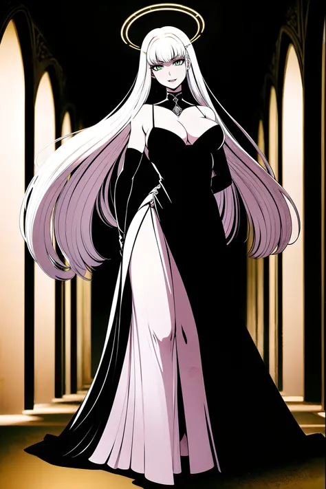 Rip Van Winkle, Hellsing Ultimate,full body, walking, divine aura, sun halo, solar halo, long skirt, porcelain skin, ethereal, graceful movement, flowing black hair, radiant beauty, enchanting gaze, serene expression, soft sunlight, angelic presence, celes...