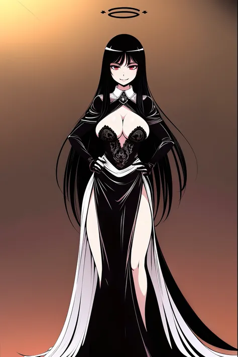 Rip Van Winkle, Hellsing Ultimate,full body, walking, divine aura, sun halo, solar halo, long skirt, porcelain skin, ethereal, graceful movement, flowing black hair, radiant beauty, enchanting gaze, serene expression, soft sunlight, angelic presence, celes...