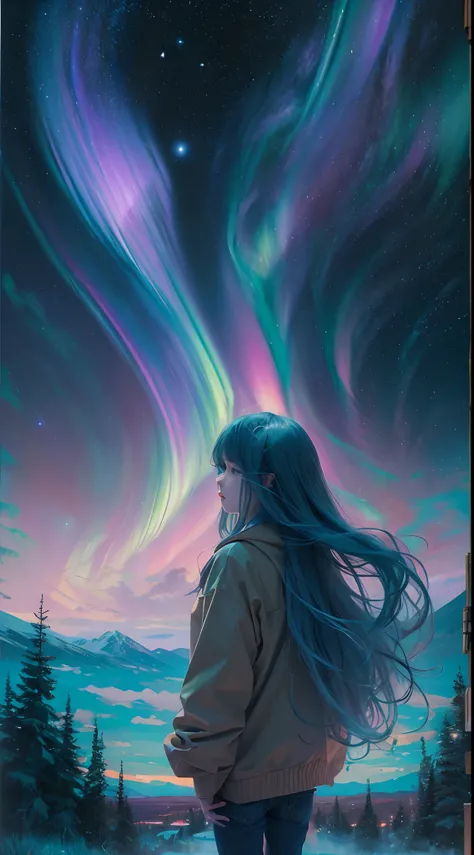 oil painted,trippy art,aurora borealis,long hair girl,starrysky。