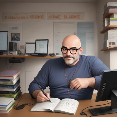 55 year old bald Spanish man, con gafas, y que lleva un libro en la mano en cuya portada se lee "Numerical Analysis for dummies". Behind it are old computers, cables y una pizarra en la que se lee "Work-life balance!". Spanish comic book image