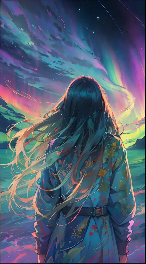 oil painted,trippy art,aurora borealis,long hair girl,starrysky。filmposter。