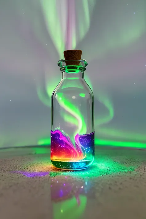 There was a bottle on the table，Inject the Northern Lights, galaxy in a bottle, glowing liquid, glowing oil, dreamscape in a jar, Lightning in a bottle, Liquid luminescent aura, glowing potions, alchemist bottles, Caught in bottle, Sand art bottle, glowing...