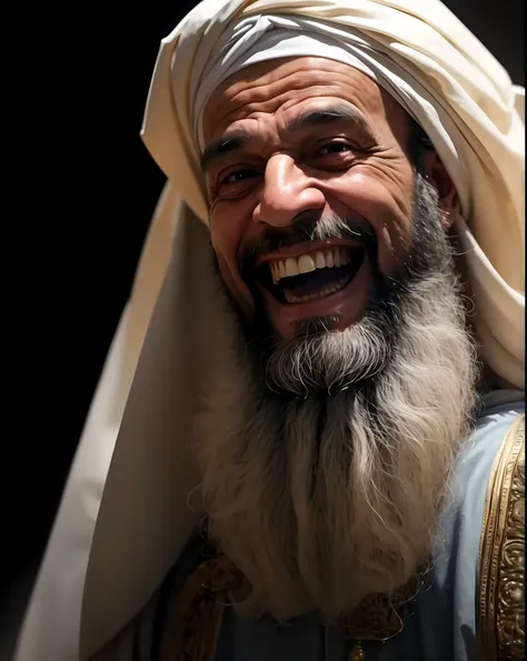 Arabian old man with a white turban and a long beard laughing, with a orientalist smileful face, devilish Laught, arab man light beard, insane smile, laughing man, sheikh, arab man, mutahar laughing, huge smile, highly detailed photo of happy, very huge sm...