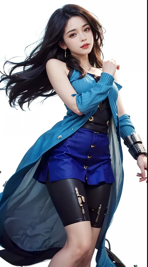 1 amazingly cute girl,16 only、 With black eyes, Rinoa in Final Fantasy, Smile and squint, Handsome, with long black hair, (slicked back hairstyle) and an off-shoulder blue long cardigan, Beautiful and delicate woman in Demon Slayer art, Mechanic Machine Cy...