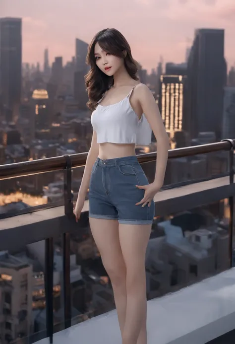 ((Midnight, Best Quality, 8K, masutepiece :1.3)), Whole body, Long legs, Sharp Focus :1.2, A pretty woman with perfect figure :1.4, Slender Abs, slender thigh :1.1, ((Black hair, Bangs, Layered Haircut, Big breasts :1.2)), (Sleeveless shirt, jean shorts, S...