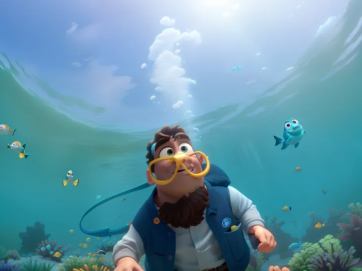 Um homem mergulhando estilo Disney pixar procurando nemo, procurando dory, alta qualidade, melhor qualidade