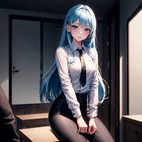 realisitic、top-quality、sit on the table、((One Woman:1.5))、Light blue hair、Very long hair、light bule eyes、meeting room、inside in room、Medium chest、black suits、Black suit jacket、Black pants、white  shirt、neck tie