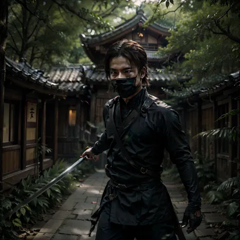 cinematic photo, a ninja with a sword sneaks through the trees in the zhlungs, 电影灯光, cinematic quality, film grain, maximum real...