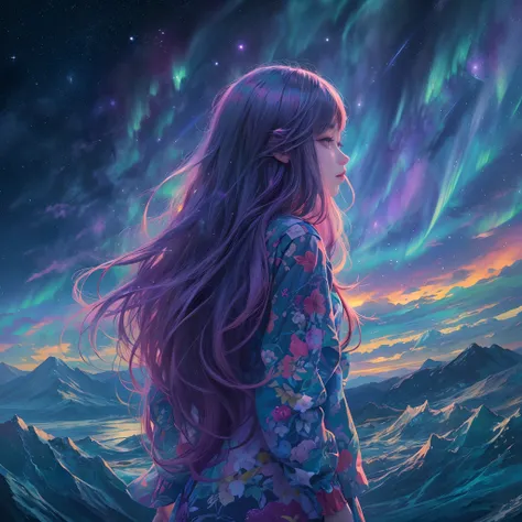 trippy art,aurora borealis,long hair girl,starrysky。