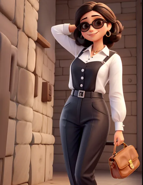 Criar imagem estilo pixar, 3D, Uma mulher branca executiva, madura, sorridente, Chic and wise, com cabelo longo e liso castanho, olhos puxados e pequeno na cor marrom, boca pequena, quadril pequeno, with black dress pants, blusa preta e brazer creme, She i...