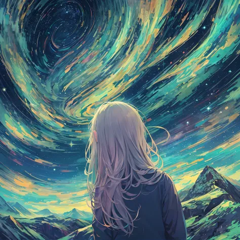 trippy art,aurora borealis,long hair girl,starrysky。