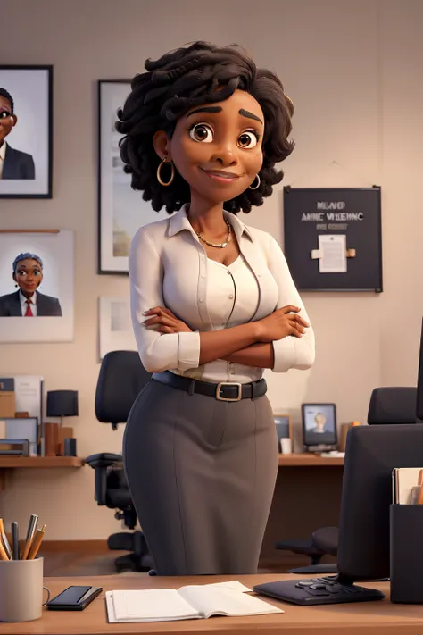 masterpiece, best quality ,Portrait of mid adult successful black mature woman looking at camera with arms crossed. Smiling african american business woman standing in new office .Portrait of mature woman.