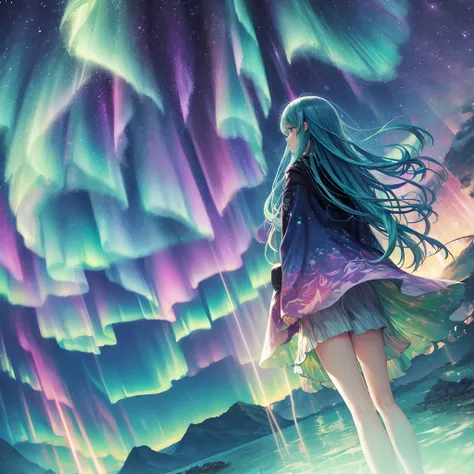 trippy art,aurora borealis,long hair girl,starrysky。