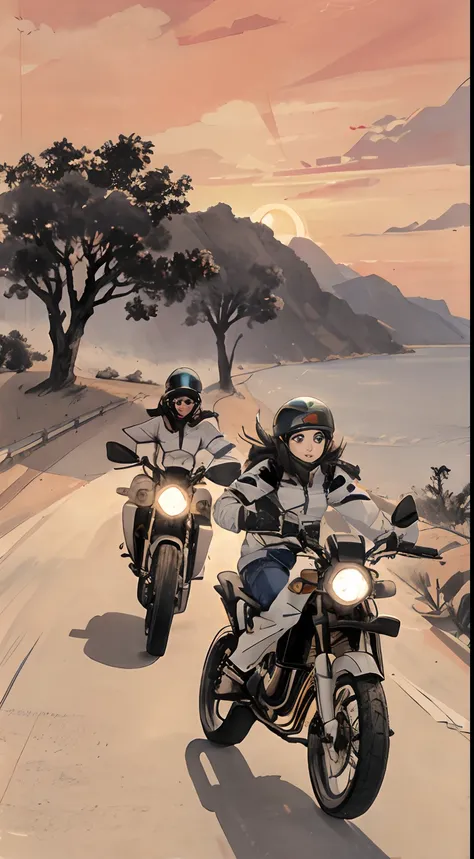 Sunset, fundo da estrada, 2 meninas andando de moto, Feliz