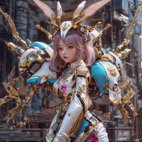 Light orange wind（（Red and white mech girl））National wind circle，Flying nine-tailed fat skull flame ethereal toad star，Golden-black damask white rabbit fur bra，Fuchsia pink diamonds, Tulle burgundy diamond shin guard，CG ，Light orange full set of thick mech...