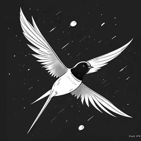 A swallow bird in space, dark atmosphere, cartoon style, very few colors, 4K