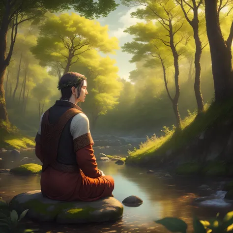 celtic man meditating in nature thinking about the mother goddess 16:9 resolution ultrarealistic nature trees in the scenery water climate autumn in the afternoon