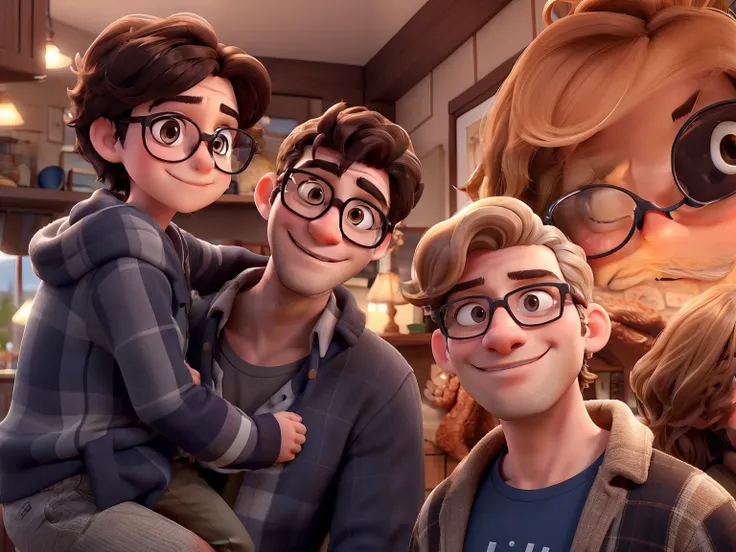 Dark-haired father with glasses. Light-haired mother without glasses and wavy haired boy without glasses.