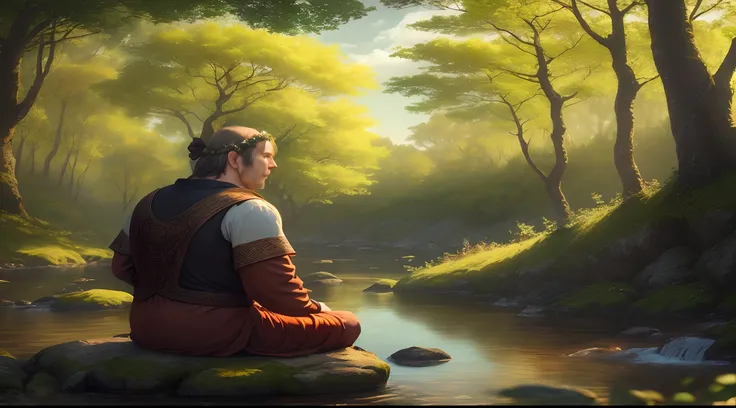 Celtic Man Meditating In Nature Thinking About Mother Goddess 16:9 Resolution Ultra Realistic Natural Trees in Autumn Afternoon Water Weather Scenery