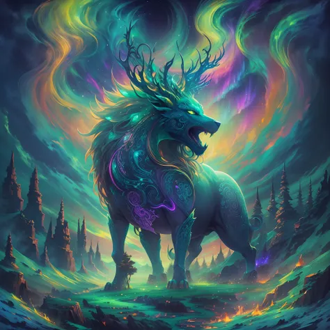 trippy art,(aurora borealis),Norse mythical beasts。