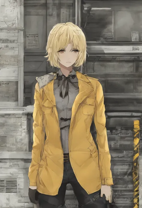 Ringo (Desejo), blonde hair, short hair, taxi driver hat, camisa laranja, umbigo, Orelhas de coelho, olhos vermelhos, 鎖骨, vestido babado, yellow shorts, seios grandes, Rosto detalhado, Olhos detalhados, cabelo detalhado