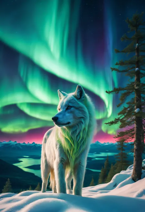 (Best quality,4K,8K,A high resolution,Masterpiece:1.2),Ultra-detailed,(Realistic,Photorealistic,photo-realistic:1.37),trippy art,Northern Lights,mythological creatures,aurora borealis,nordic,Celestial majesty,mystical forest,Ethereal atmosphere,Magical sha...