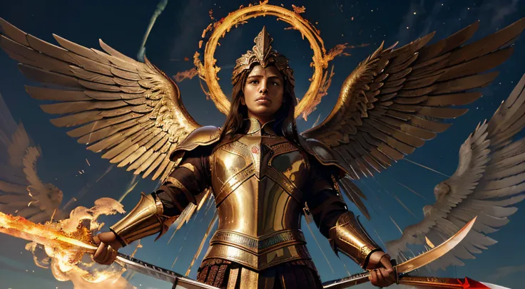 Archangel Michael in resplendent armor, wielding a flaming sword. He must be in a powerful pose, ready to lead the heavenly armies, with magnificent wings outstretched against a heavenly background.