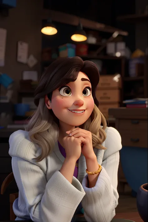 Uma mulher loira estilo pixar, alta qualidade, Higher quality with a messy notary background