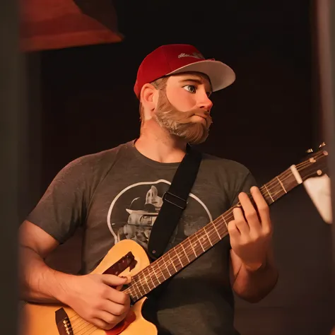 White man with short beard playing guitar